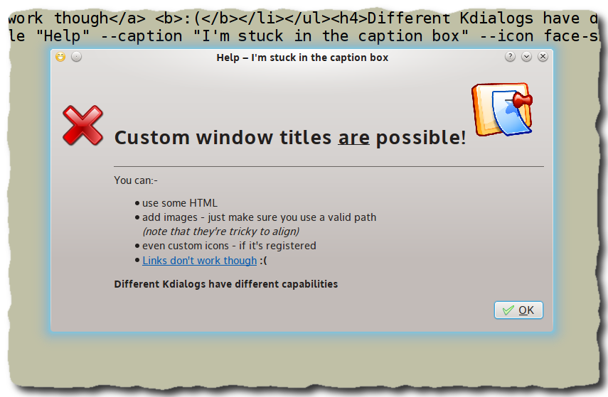 Picture of the Kdialog error dialog using undocumented options to display HTML