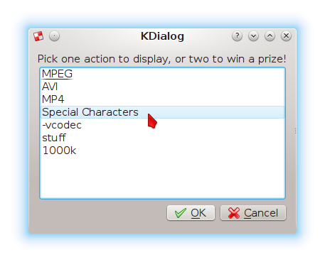 Picture of using special characters in the Menu Kdialog