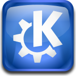 Picture of the KDE logo, a large white letter K over a white gear wheel on a blue background